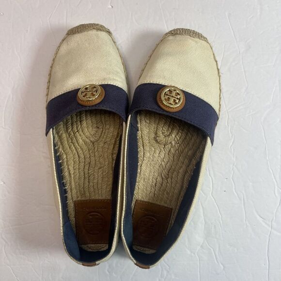 Tory Burch‎ Beacher Canvas Espadrille Flat, Ivory/Newport Navy Size 9